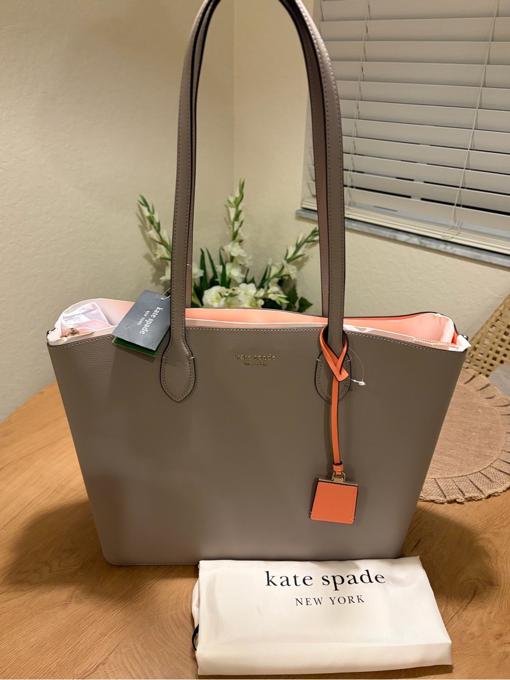 kate spade gray tote with coral accents